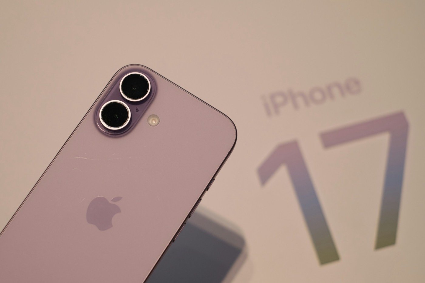 Back of a purple iPhone with a two-lens camera in front of a retail box